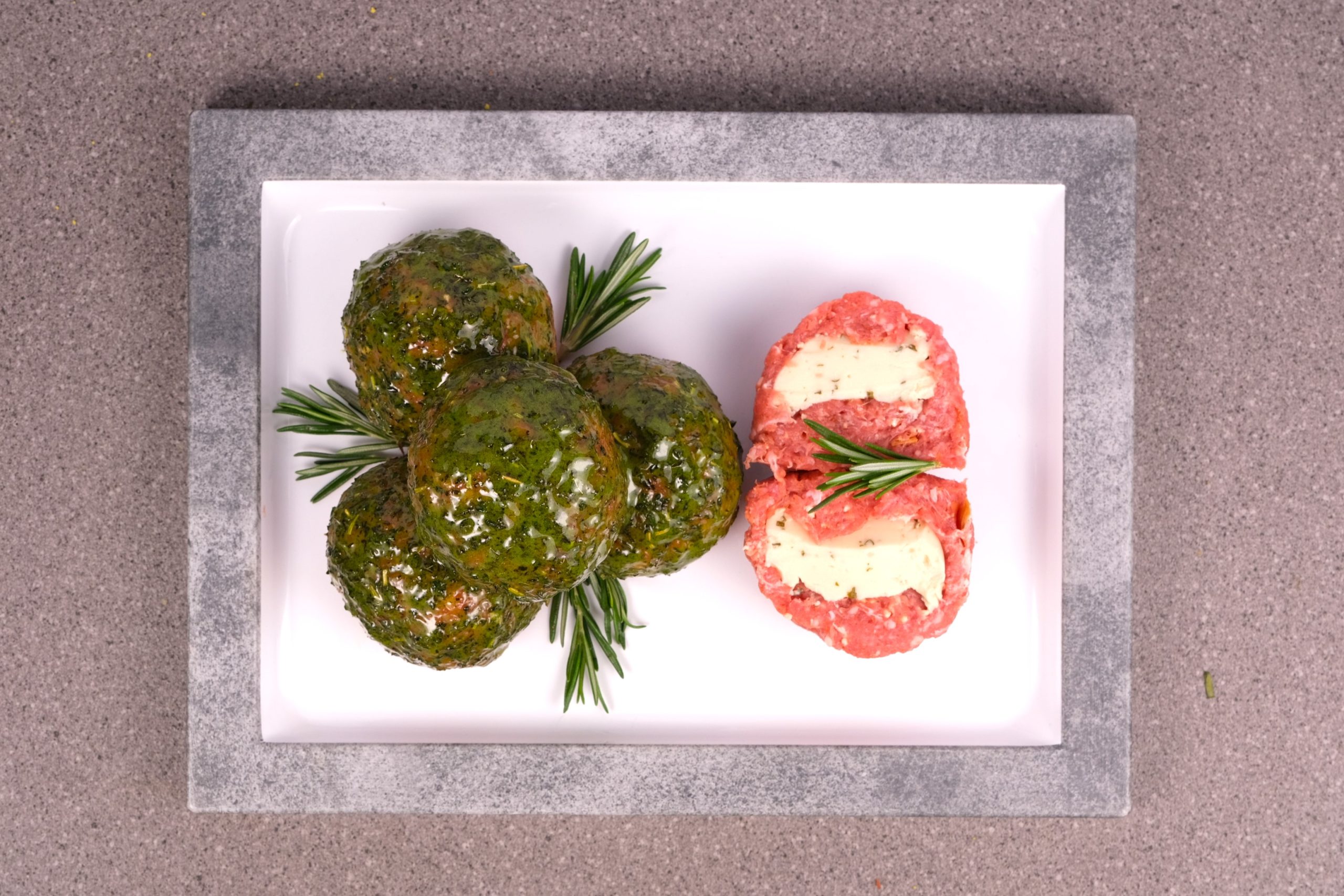 Mint and Roasemary Meatballs with Sliceable Garlic Sauce Center